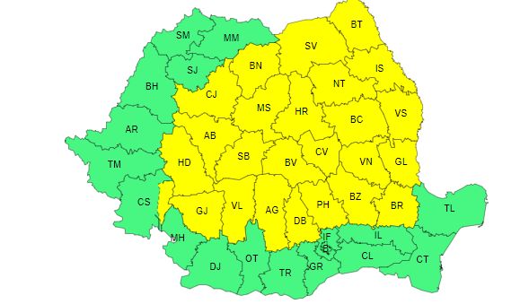 Codul galben de instabilitate atmosferică, extins în aproape toată țara