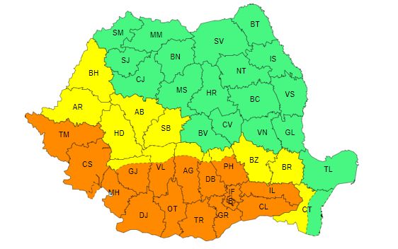 Alerte cod galben şi cod portocaliu de vreme caniculară în jumătate din ţară, până miercuri