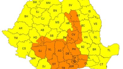 Cod portocaliu de ploi torențiale pentru Oltenia, Muntenia și zonele de munte, de duminică și până luni