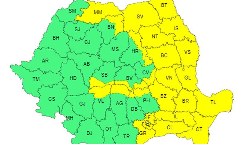 Cod galben de ploi şi vânt în zone din Moldova, Dobrogea, centrul şi estul Munteniei, până marţi dimineaţa